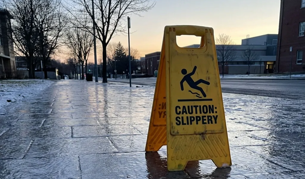 얼어붙은 보도, 미끄럼 방지 표지판