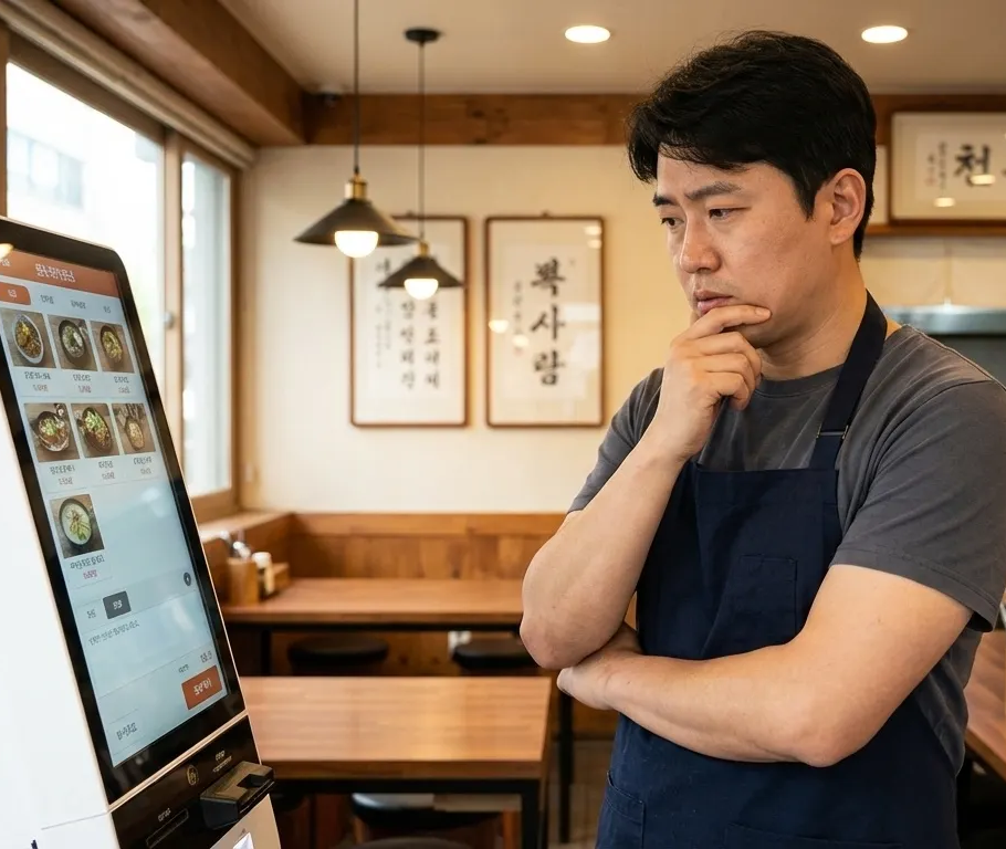 매장에서 일반 키오스크를 활용하고 있는 자영업자 / AI 생성