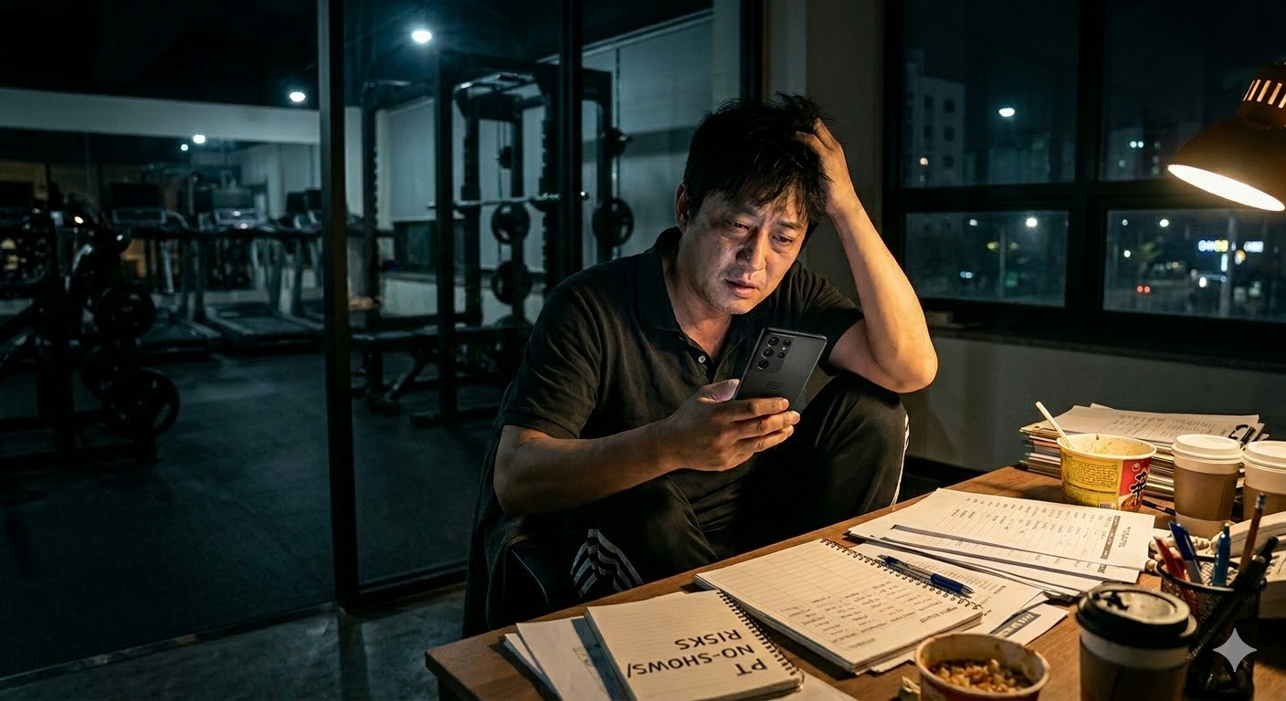늦은 밤, 헬스장 걱정에 잠 못 이루는 관장님ㅣAI 생성