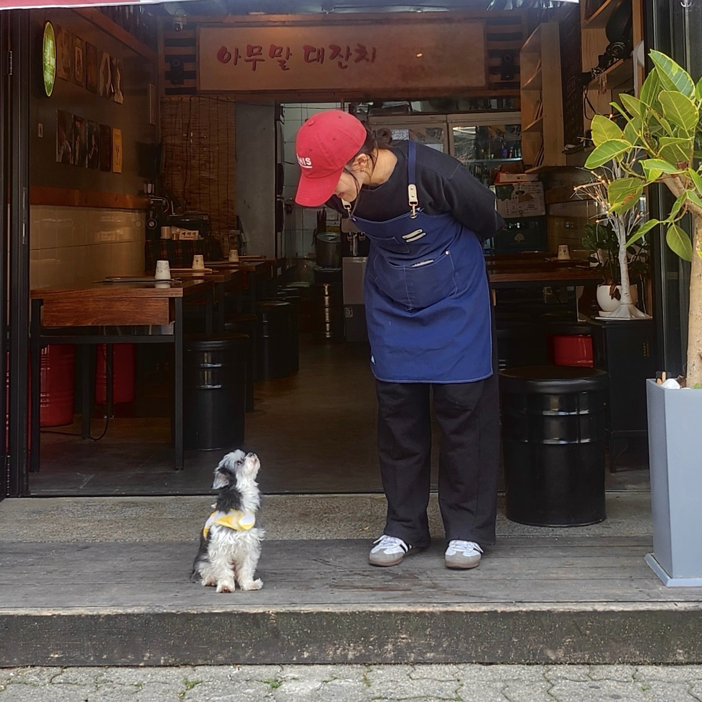 가게 앞에서 강아지와 함께 있는 딸 사장님